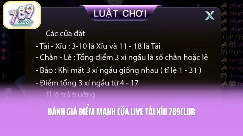 Đánh giá điểm mạnh của Live Tài Xỉu 789CLUB